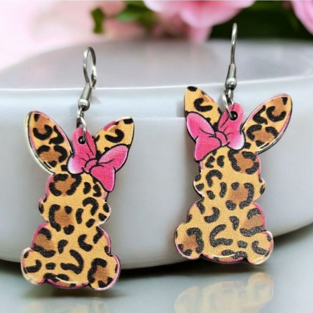 Pink Bow Leopard Print Easter Bunny Rabbit Earrings Spring Wood Dangle Jewelry